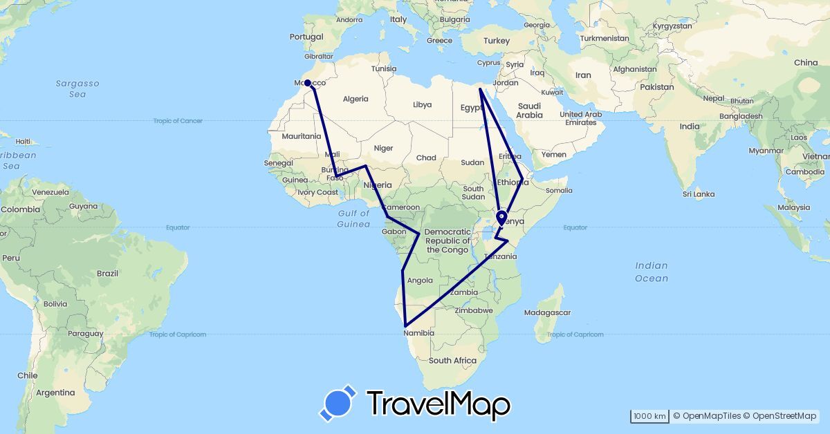 TravelMap itinerary: driving in Angola, Burkina Faso, Democratic Republic of the Congo, Cameroon, Ethiopia, Kenya, Morocco, Namibia, Niger, Tanzania (Africa)