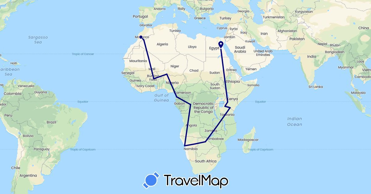 TravelMap itinerary: driving in Burkina Faso, Botswana, Democratic Republic of the Congo, Cameroon, Egypt, Kenya, Morocco, Namibia, Niger, Tanzania (Africa)